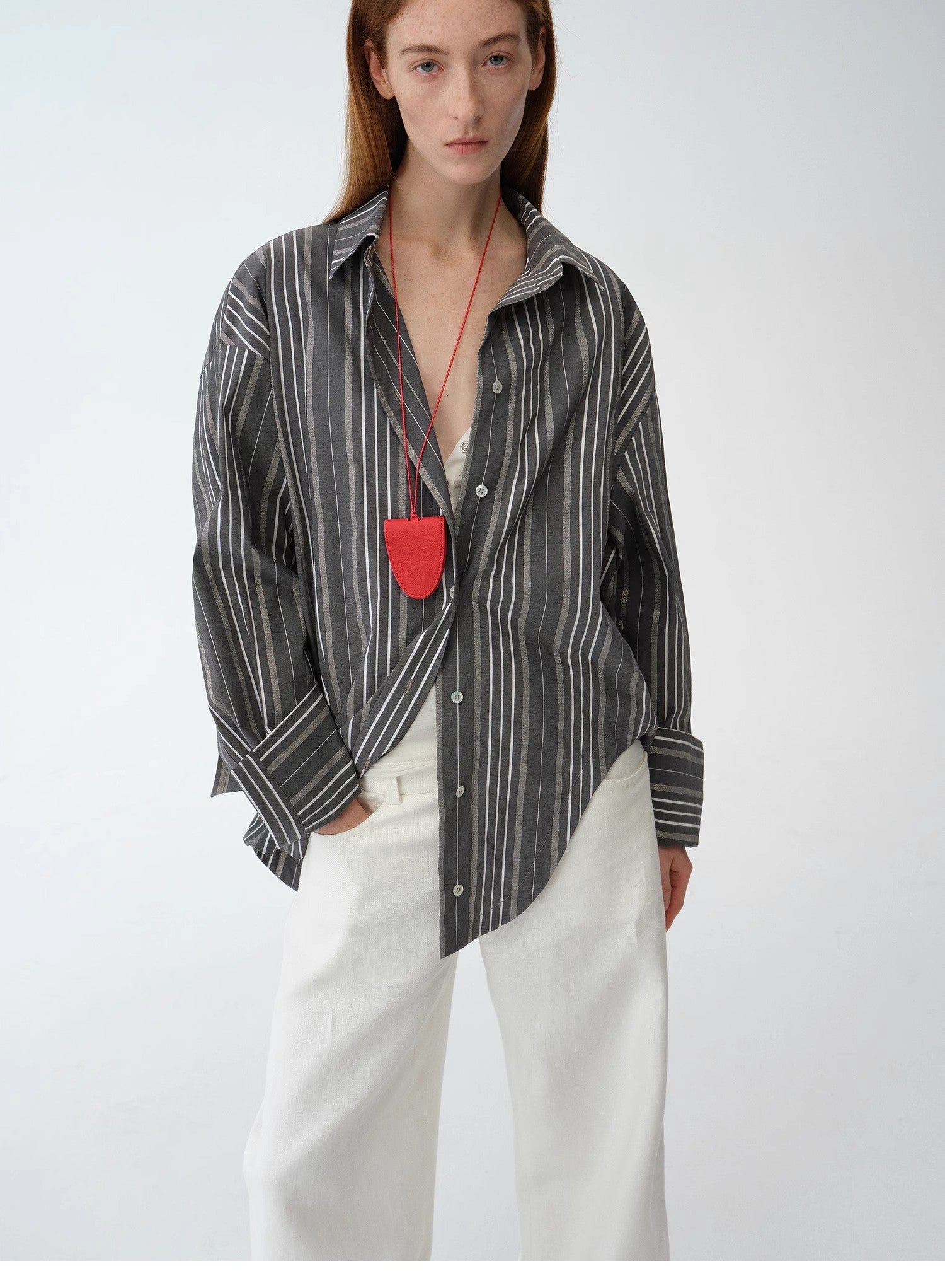 “Striped Fantasy” Asymmetric Two-Way Striped Long Sleeve Casual Shirt