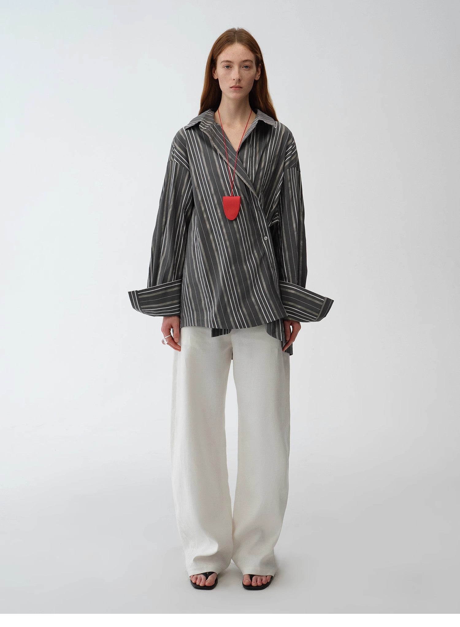 “Striped Fantasy” Asymmetric Two-Way Striped Long Sleeve Casual Shirt
