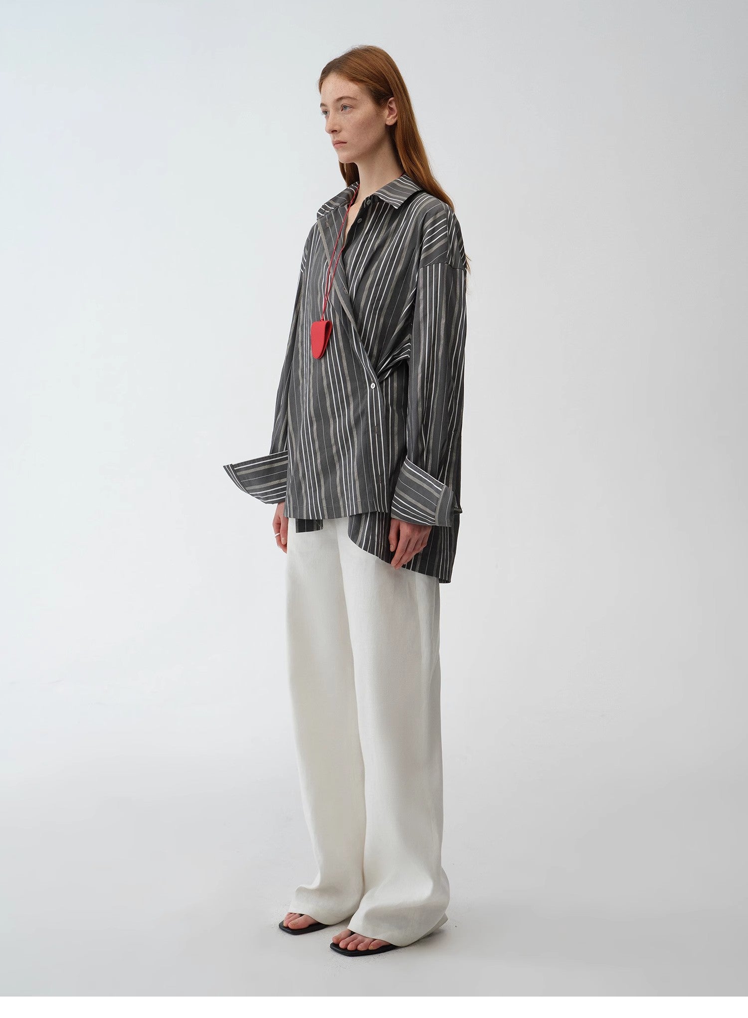 “Striped Fantasy” Asymmetric Two-Way Striped Long Sleeve Casual Shirt