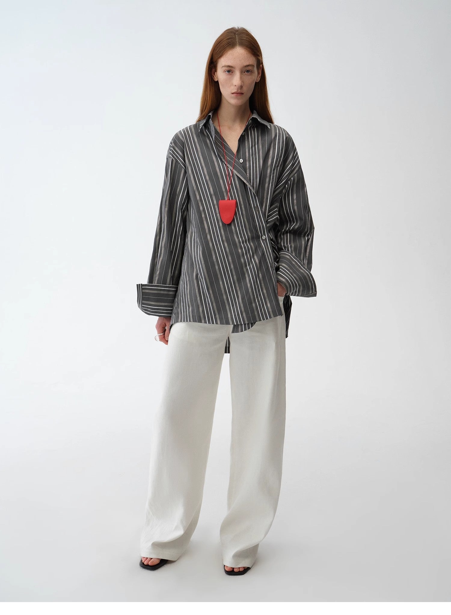 “Striped Fantasy” Asymmetric Two-Way Striped Long Sleeve Casual Shirt