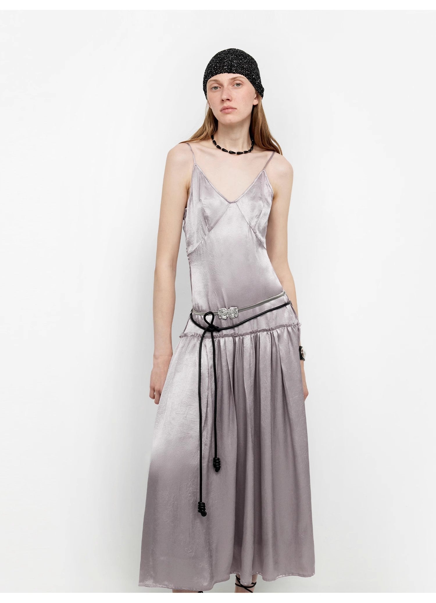 “Girls’ Letterhead” Glossy 100% Acetate Low-Waist Long Suspender Dress