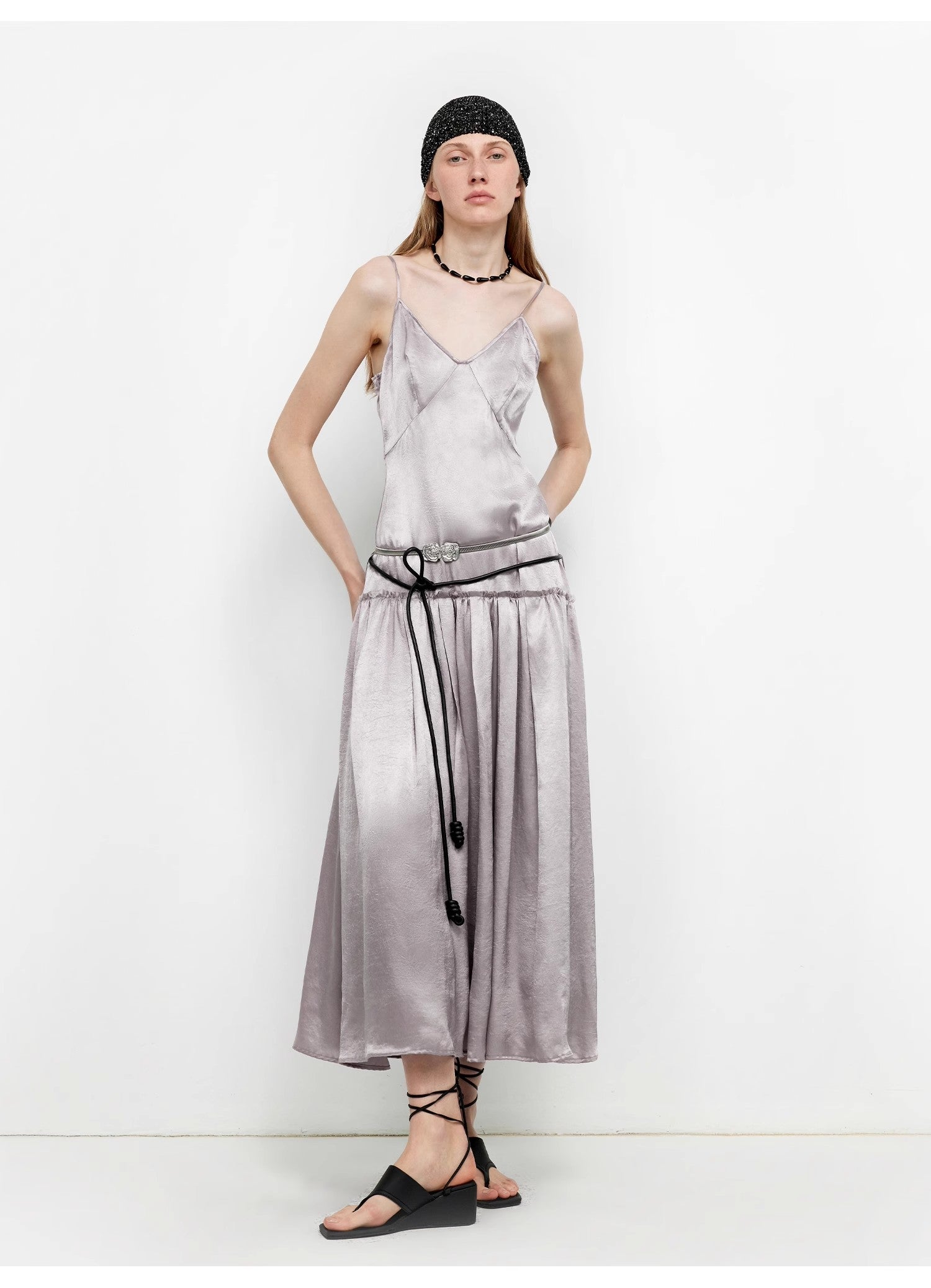 “Girls’ Letterhead” Glossy 100% Acetate Low-Waist Long Suspender Dress