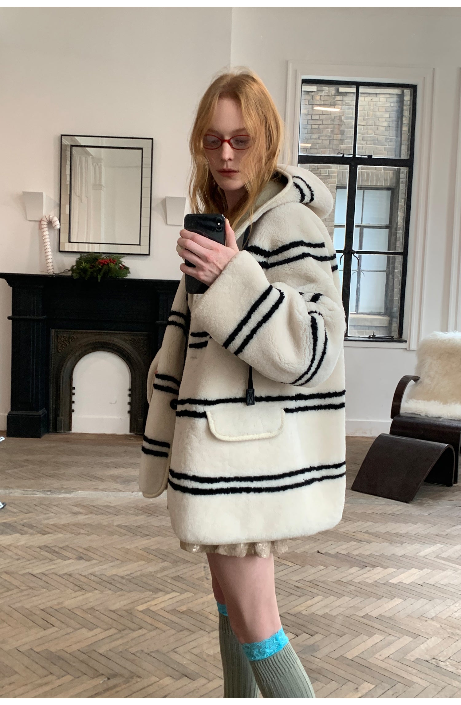 Fireladyfur Women's Lamb Wool Striped Jacket“Snowy New Year”