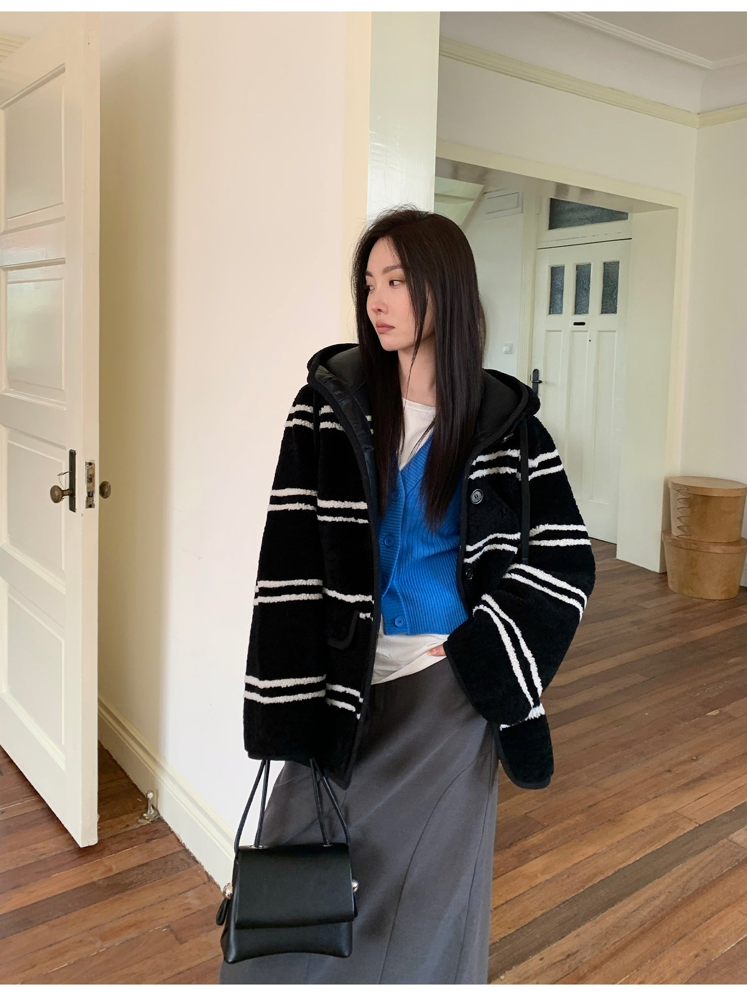 Fireladyfur Women's Lamb Wool Striped Jacket“Snowy New Year”