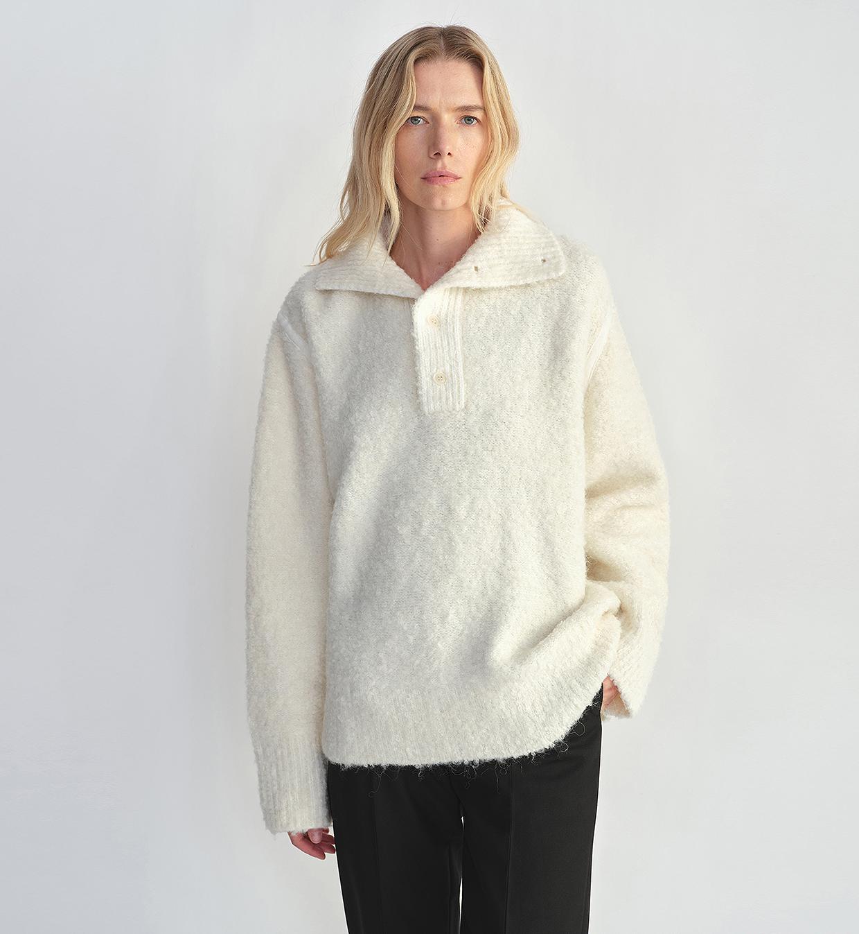 Alpaca Wool Blend Bouclé Yarn Spliced Polo Sweater – Relaxed Fit Style