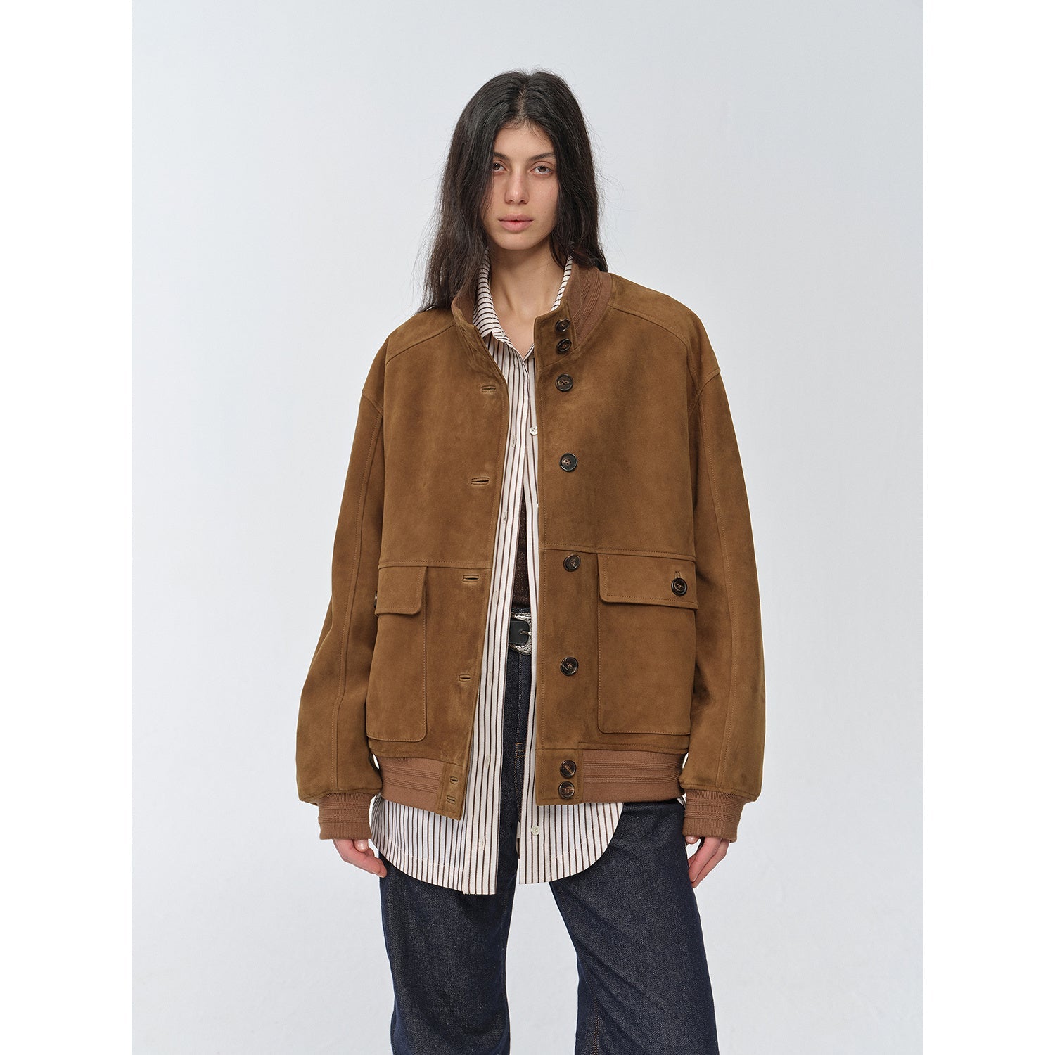 Vintage Suede Sheepskin Leather Jacket – Ribbed Patchwork “Spring Whisper”