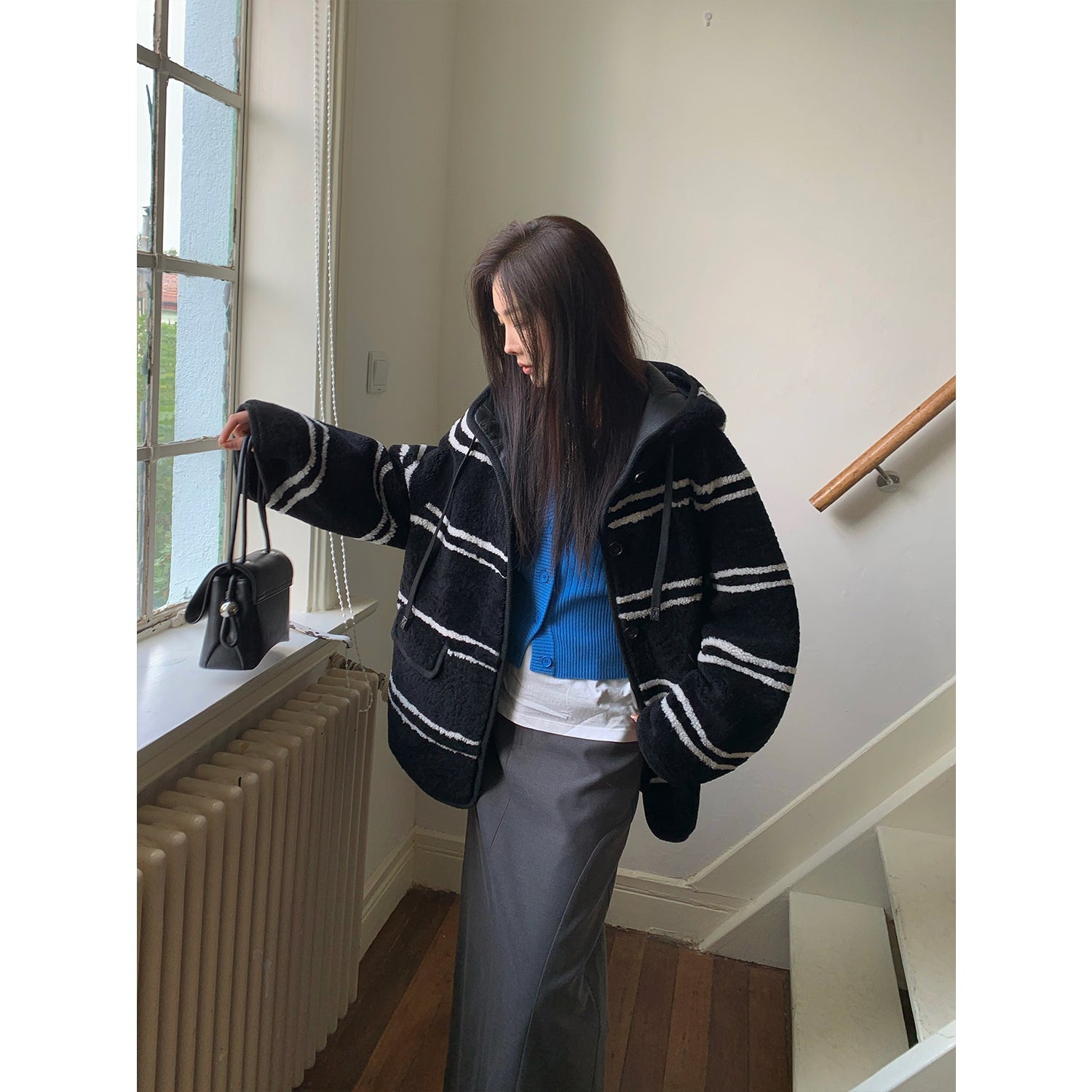 Fireladyfur Women's Lamb Wool Striped Jacket“Snowy New Year”