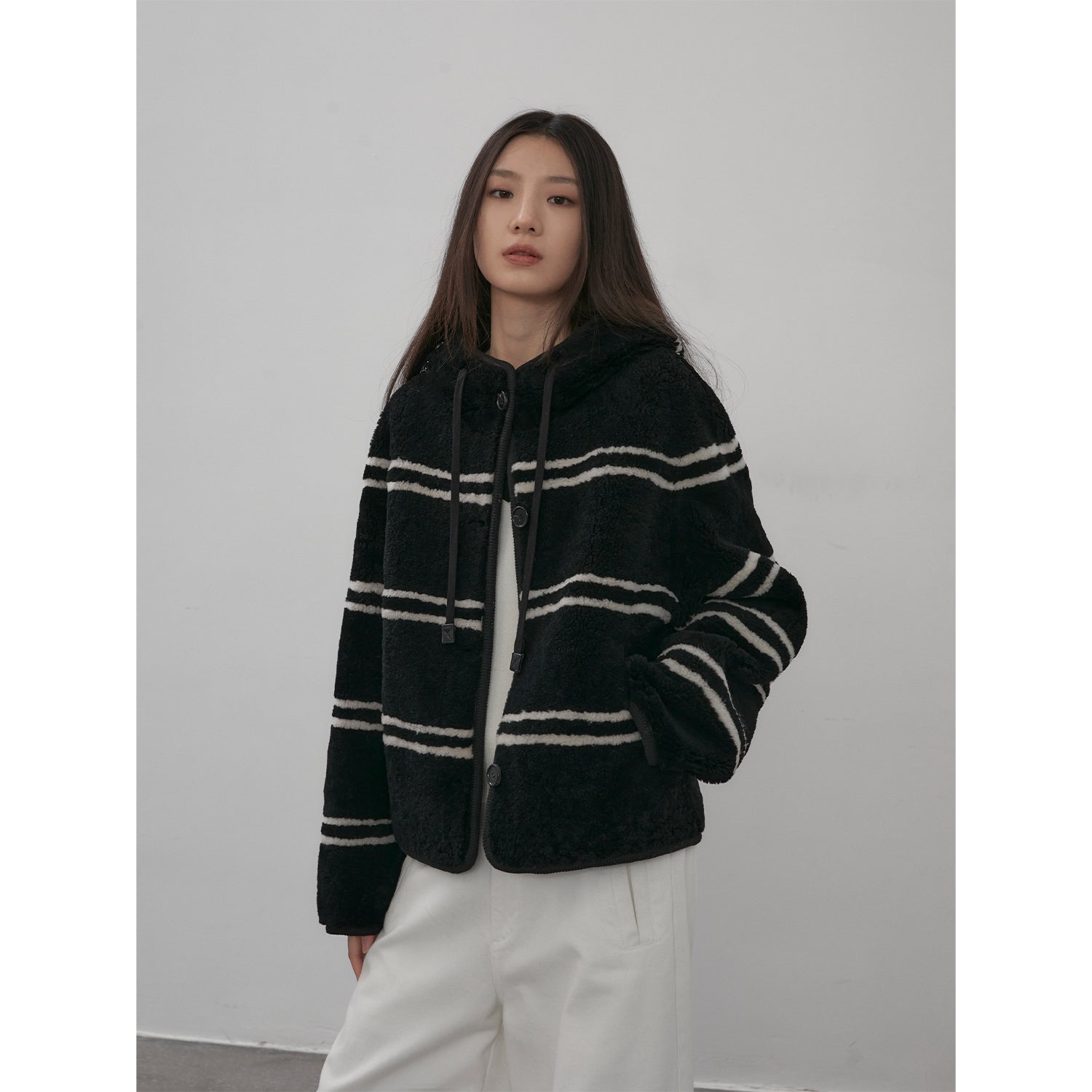 Fireladyfur Women's Lamb Wool Striped Jacket“Snowy New Year”